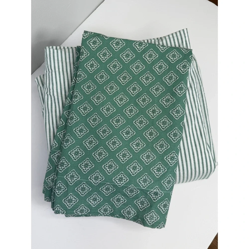 Vintage Scandia Down 3pc Sheet Set Queen Green Geometric Striped USA Made Cotton
